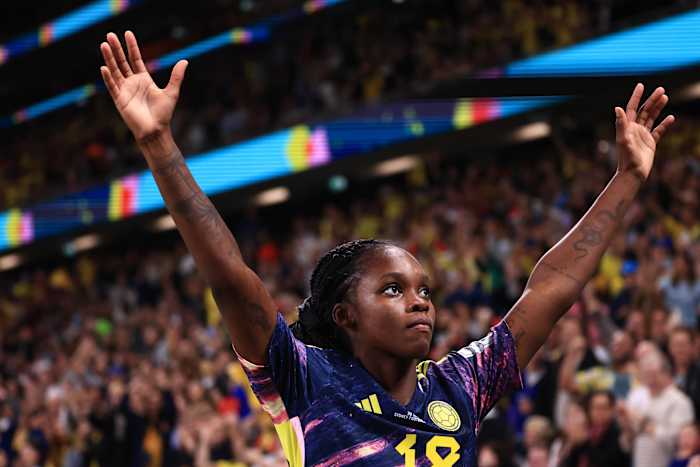 Linda Caicedo pictured celebrating after scoring for Colombia against Germany at the 2023 FIFA Women's World Cup